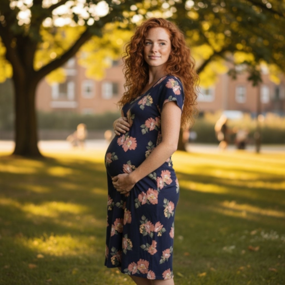 Isabel Maternity T-Shirt Dress, Cotton Blend, Navy Floral, Stretchy Size S, M
